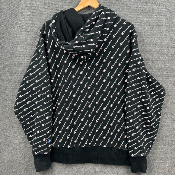 Champion Jumper Mens Large All Over Print Reverse Weave Hoodie Pullover Black - Picture 7 of 11